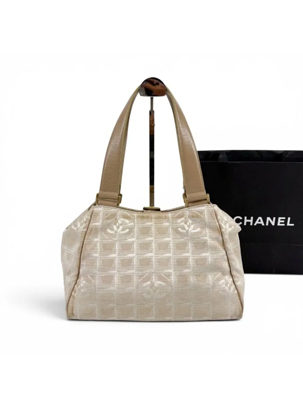 Chanel New Travel Line Handbag Satchel Beige White Nylon Canvas